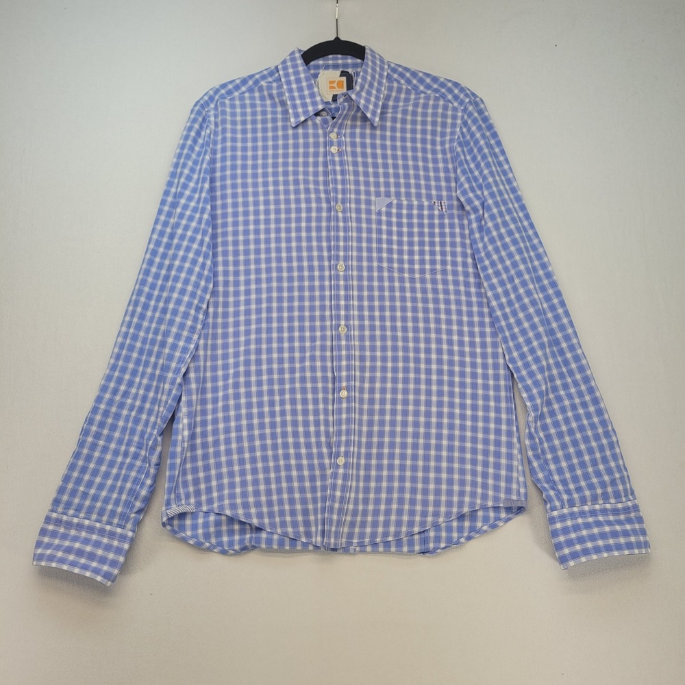 Hugo Boss Orange Button Down Shirt Mens Medium Blue Gingham Plaid Cotton